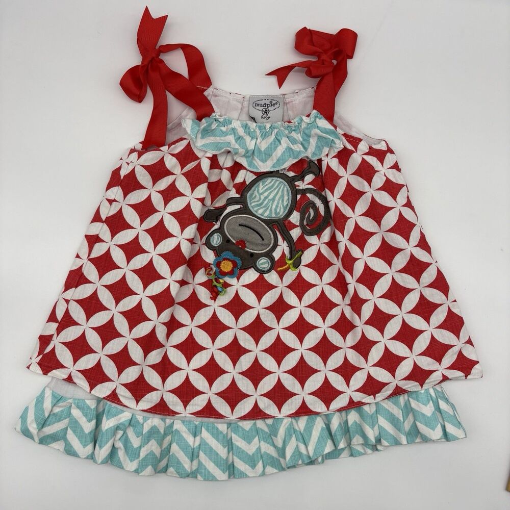 Mud Pie Girls 12-18M Red White Geometric Monkey A-Line Square Neck Dress